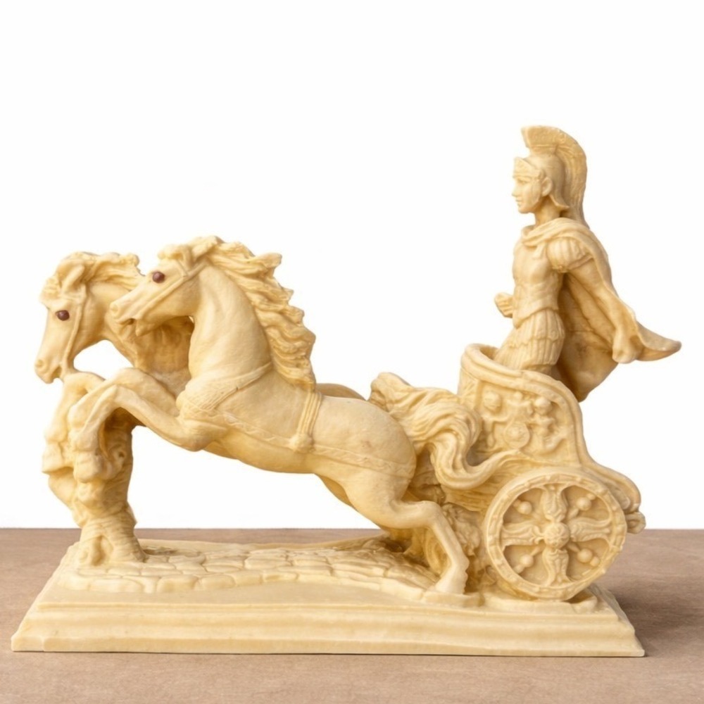 Classical Roman Chariot Sculpture Alabaster Style Horses Warrior Statue